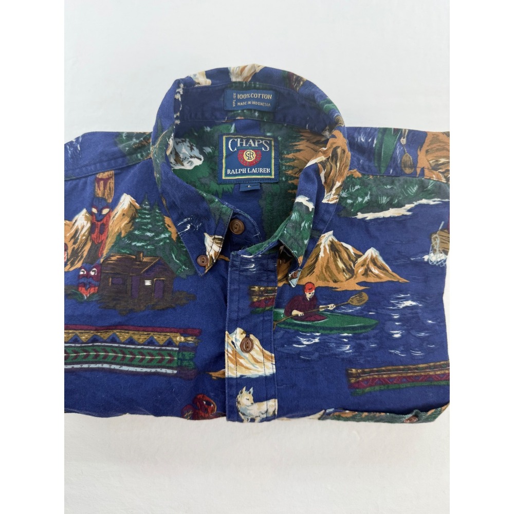 Vintage Chaps Ralph Lauren Alaska Scenic Print Shirt L Wolves Totem Pole Cabin
